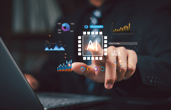 Businessman holding a holographic AI interface with icons for business intelligence, and innovation concepts for business growth and digital transformation in a modern futuristic environment