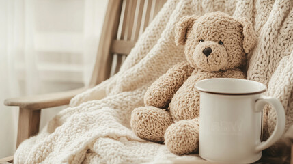 Beige teddy bear and white mug on knitted blanket in restful corner. Cozy children room interior