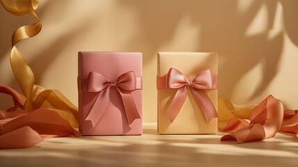 Two pastel gift boxes with glossy ribbon on sunlit background with shadows. Elegant luxury for special occasions and celebrations