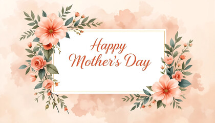 Warm Watercolor Happy Mother's Day Greeting Inside a White Frame Surrounded by Beautiful Peach and Coral Floral Wreath, Concept for Holiday Poster, Seasonal Sale Banner, or Feminine Background 