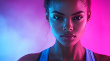 vibrant neon portrait of a young woman with bold makeup and dynamic lighting