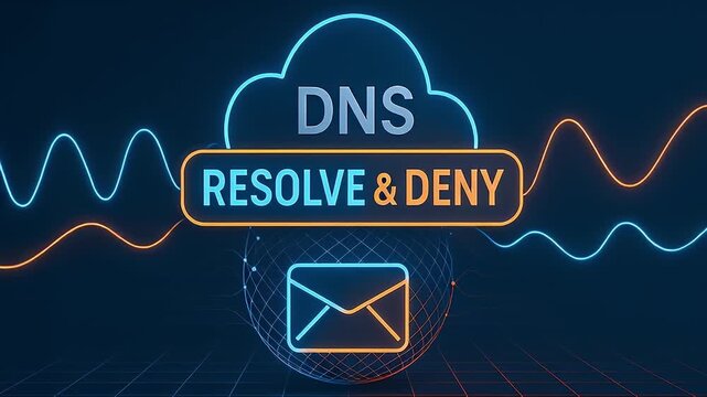 DNS resolve deny cloud security concept with neon envelope icon and waveform visualization conveying network filtering and email protection DNS resolve deny cloud network icon with neon envelope