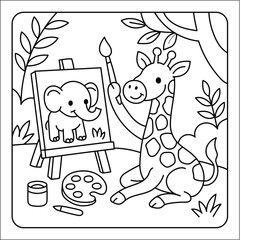 Fototapeta premium Cute Giraffe Painting an Elephant on Canvas – Cartoon Coloring Page Illustration