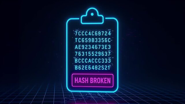 Neon clipboard glitch with glowing code hash broken encryption breach. cybersecurity data corruption alert in futuristic cyber grid conveying urgency and vulnerability