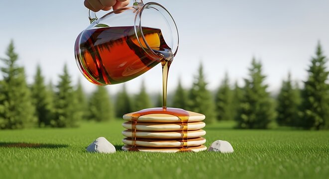Maple syrup is poured from a glass pitcher onto a stack of pancakes, set on green grass with trees and a bright sky in the background. - Powered by Adobe