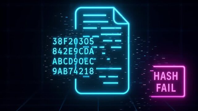 Neon document data code hexadecimal cyber security hash fail digital error glowing file futuristic glitchy corrupted encryption fragment integrity check alert