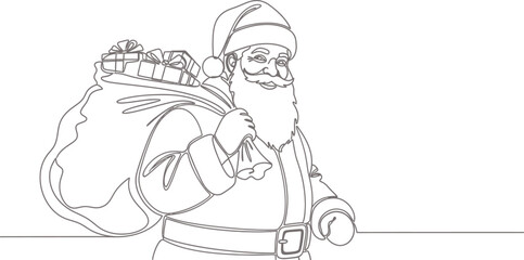 Santa claus carrying a sack full of gifts in a single line drawing style art