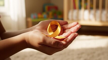 Close Up of Open Hands Presenting Golden Ribbon for Childhood Cancer Awareness Symbol in Bright Room with Crib Background Campaign for Pediatric Oncology and Hope for Cure Support