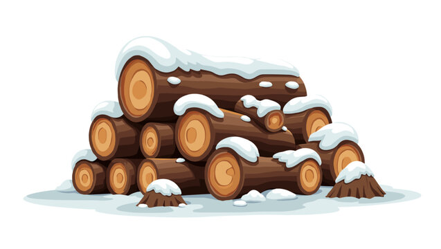 Pile of cut timber logs partially covered with snow on white background, woodpile with snowcap winter concept