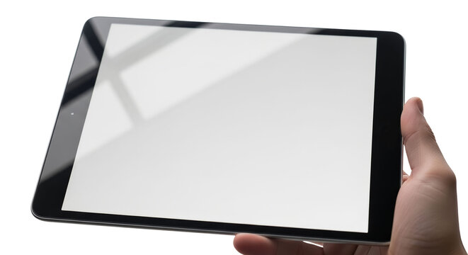 Tablet displaying blank screen held in hand with natural lighting  isolated on a transparent background 