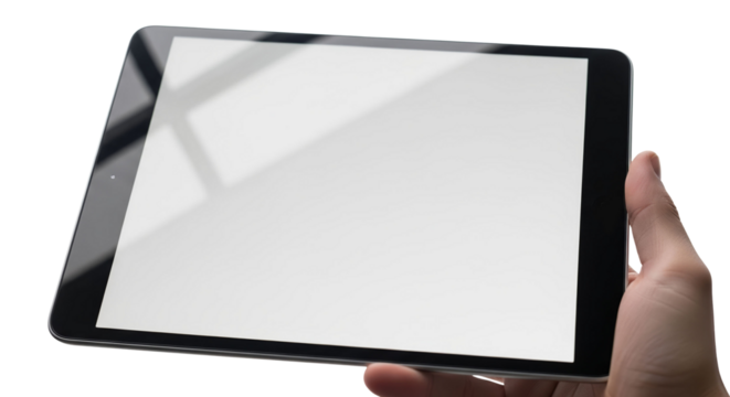 Tablet displaying blank screen held in hand with natural lighting isolated on a transparent background