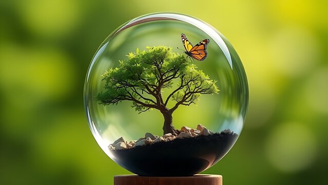 Crystal globe with a growing tree and butterfly on green background. - Powered by Adobe