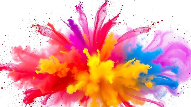 Vibrant explosion of colored powder mid-air, capturing the festive spirit of Holi against a white background.