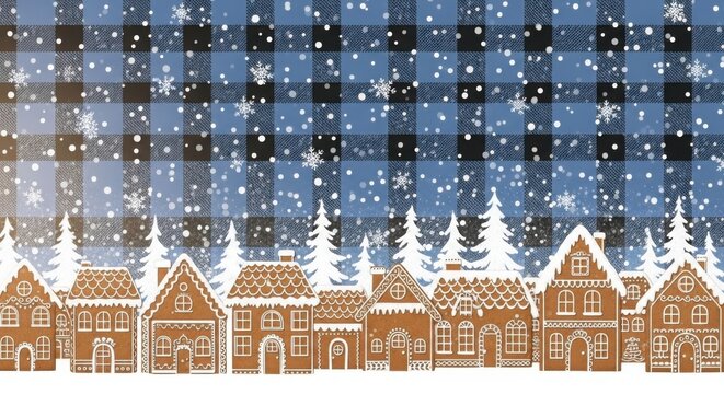 Gingerbread houses and white trees against a blue and black plaid background with falling snowflakes