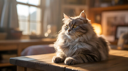 Majestic Maine Coon Cat Relaxing on a Wooden Table in Sunlight
