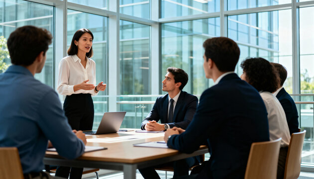 A team of professionals on a board of directors listens to a leader explaining the business objectives, illustrating trust, motivation, and equality in a modern, collaborative corporate environment.