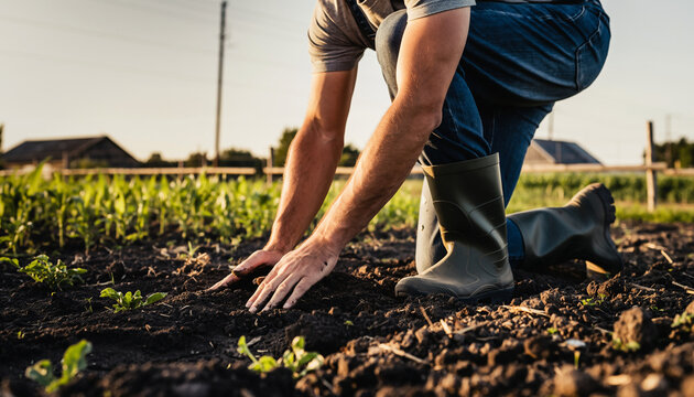 a male farmer kneeling at soil. Soil check. a male farmer Wearing jeans and rubber boots at farm