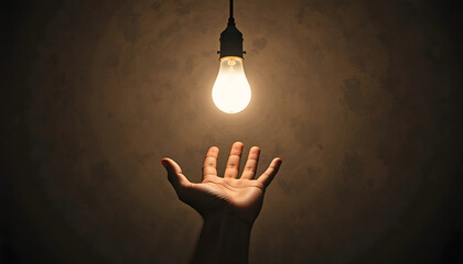 Glowing Incandescent Light Bulb Hanging Above an Upraised Human Hand Against a Dark Brown Background, Concept for Innovation, Idea, Inspiration, Creativity, or Problem-Solving Template