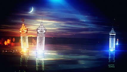 Mystical crescent moon glows over illuminated lanterns reflecting on serene water at dusk © Nature Mixt