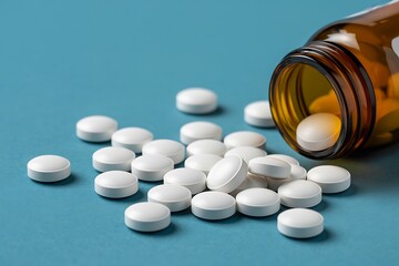 White round pills spilling out of a brown glass medicine bottle onto a blue background