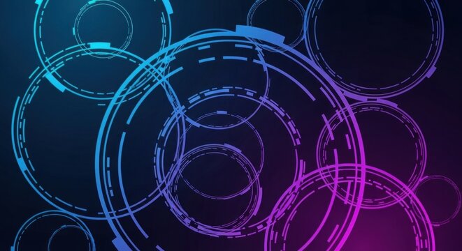 Digital circles and lines create a futuristic abstract background.