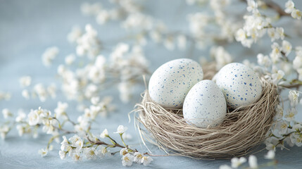 Fototapeta premium Soft pastel blue background with bird nest holding three speckled eggs surrounded by delicate white spring blossoms creating calm and gentle atmosphere