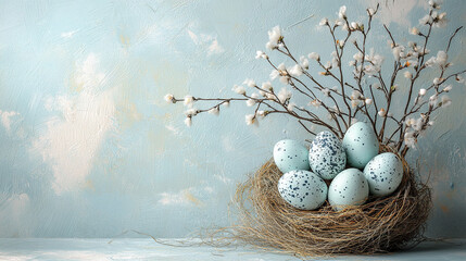 Soft pastel blue Easter background with nest holding six speckled eggs and delicate cotton branches, creating calm and natural spring atmosphere