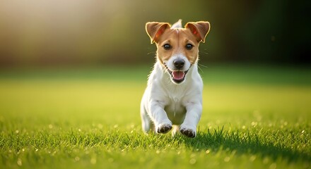 Happy jack russell terrier running joyfully across a sunlit green grassy field