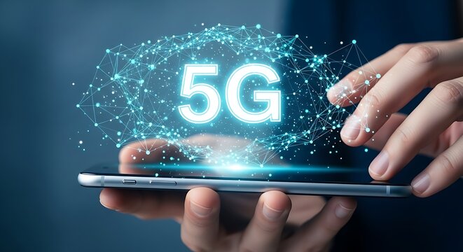 Person holding a smartphone with glowing 5g network symbol emanating from the screen