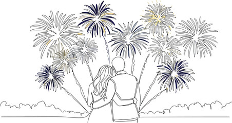 Couple watching fireworks together in a line art illustration on white background © Malik 