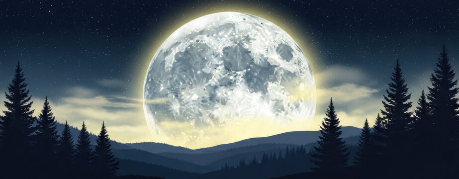 A full moon rising over a forest landscape with silhouetted trees and mountains in the background. - Powered by Adobe