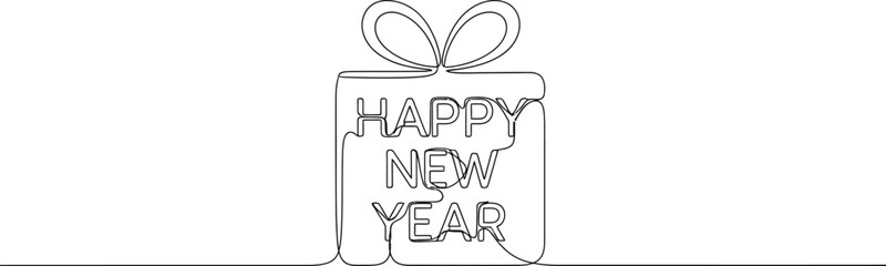 Happy new year gift box with continuous line drawing on a white background