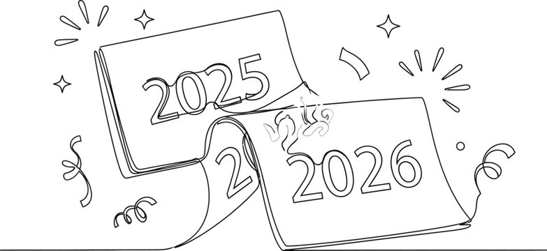 Continuous line drawing of calendar pages turning from 2025 to the year 2026