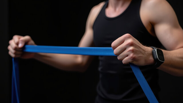 Athletic individual using resistance band for strength training, showcasing muscular arms and focused expression
