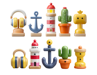 Collection of 3D Cartoon Toys: Whimsical Nautical and Robot Characters on Transparent Background for Playful Designs