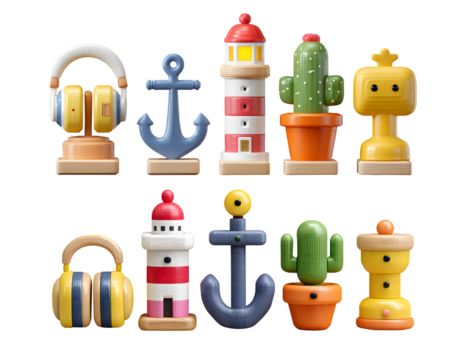 Collection of 3D Cartoon Toys: Whimsical Nautical and Robot Characters on Transparent Background for Playful Designs