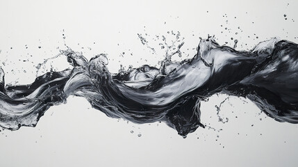 Strong flow of dark liquid captured mid motion with splashes and waves against light background, showing dynamic movement and fluid texture in high detail