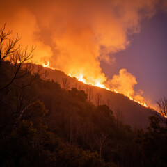 Fototapeta premium Dramatic wildfire engulfs hillside, with flames and smoke illuminating night sky. scene captures intensity and destruction of nature fury