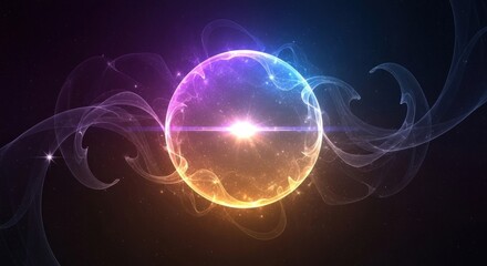 A vibrant, colorful, abstract sphere with swirling, ethereal patterns and a radiant, glowing center, set against a dark, starry background.