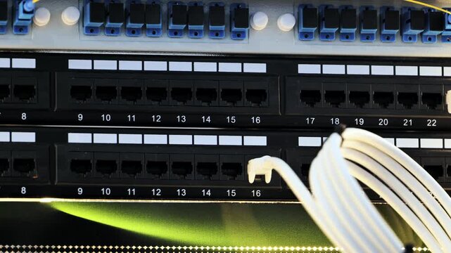 Network cables connecting to patch panel in data center for internet communication