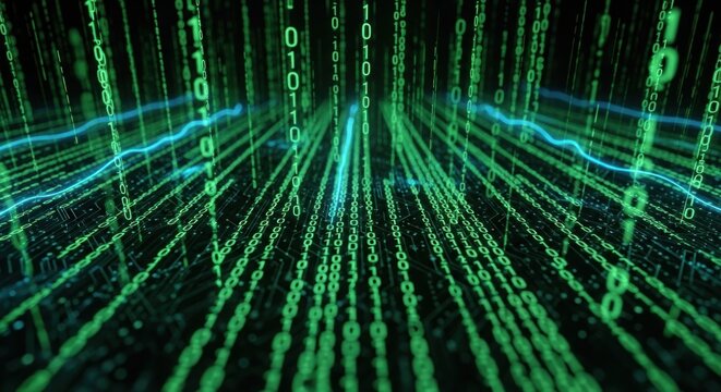 Matrix-like digital code with green and blue colors, floating in a dark space.