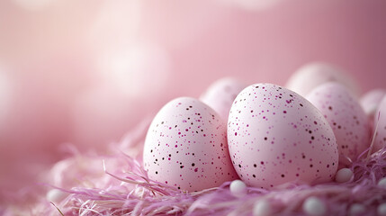 Subtle pink Easter background with speckled eggs resting on soft pink straw, creating gentle and festive atmosphere with delicate pastel tones and smooth textures
