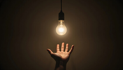 Glowing Incandescent Light Bulb Hanging Above an Upraised Human Hand Against a Dark Brown Background, Concept for Innovation, Idea, Inspiration, Creativity, or Problem-Solving Template