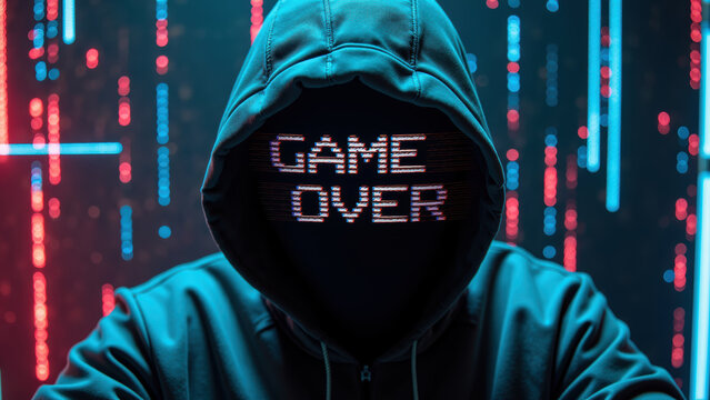 Dark hoodie digital display game over message futuristic background neon lights cyberpunk aesthetic technology theme mystery