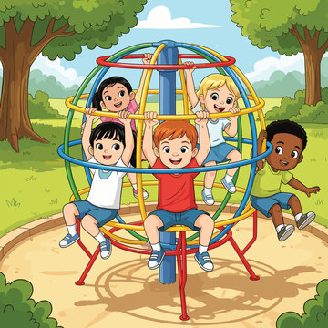 Children Joyfully Playing Together on a Colorful Monkey Bar Structure in a Sunny Park Playground Setting