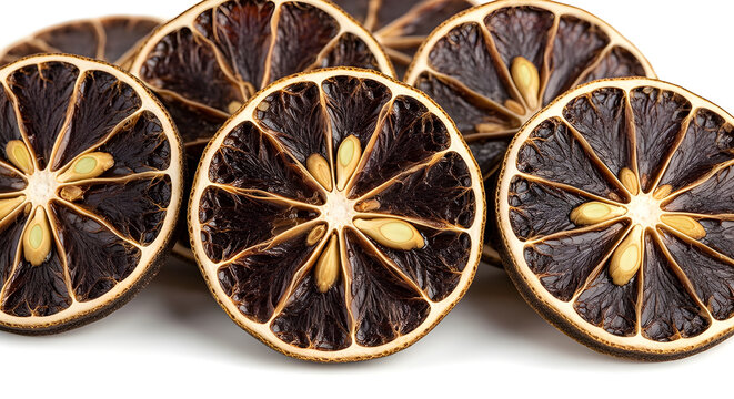 Dried black limes isolated on white background, Middle Eastern spice with smoky citrus aroma.