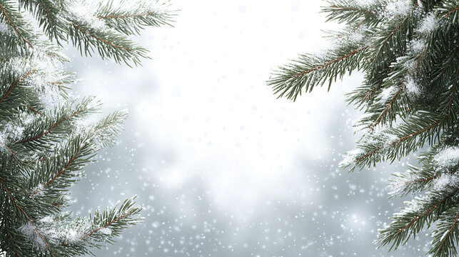 Tranquil winter background featuring snowy evergreen branches with soft falling snowflakes creating peaceful and serene cold weather scene