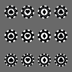 Poker chips icons vector set. Casino poker chip symbol. Gamble graphic elements collection. Gambling coins, tokens with card signs, poker chips.