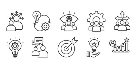Leadership icon set collection in outline style. Icon pack contains guidance, solution, vision, teamwork, direction, strategy, communication,goal, influence,motivation 