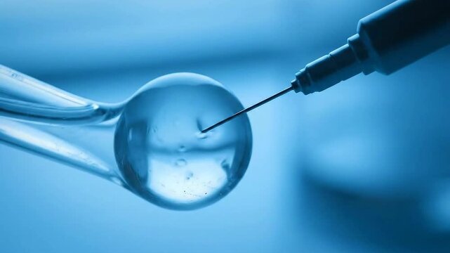 Close up of scientific needle injecting liquid into transparent sphere in laboratory setting with blue light creating sterile